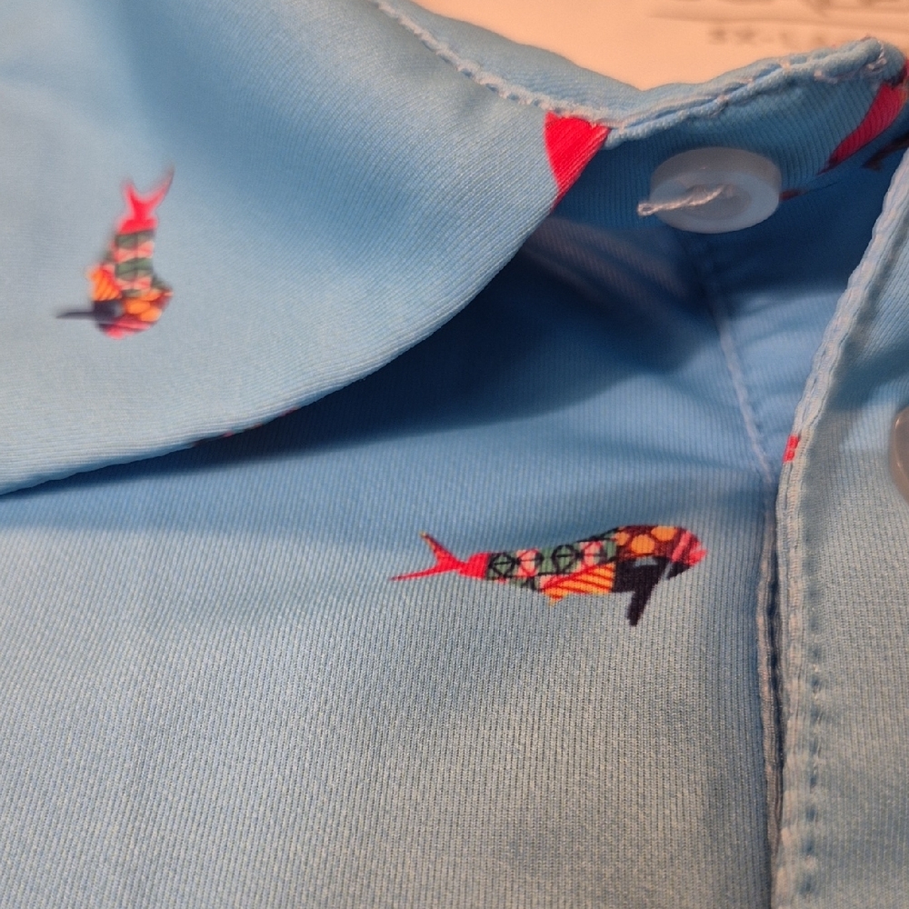 SCALES 3X Golf Polo Short Sleeve Shirt Blue and Pink Tropical Fish Pattern - Picture 11 of 16
